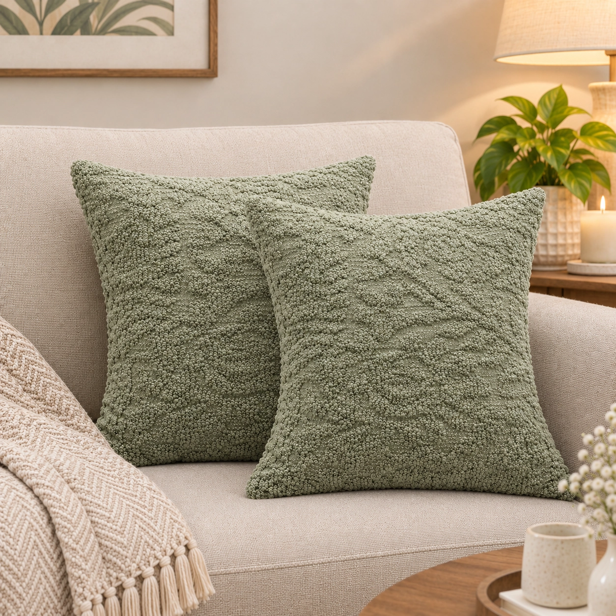 Sage Green Loop Textured Cushion Covers – Pack of 2 | Decorative Sofa Cushions